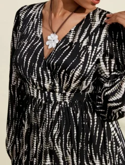 Clearance Neva & White Spotted Print Bubble Satin V Neck Long Sleeve Swing Maxi Dress Women Cocktail Dress