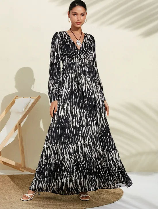 Clearance Neva & White Spotted Print Bubble Satin V Neck Long Sleeve Swing Maxi Dress Women Cocktail Dress