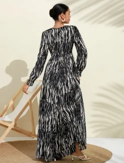 Clearance Neva & White Spotted Print Bubble Satin V Neck Long Sleeve Swing Maxi Dress Women Cocktail Dress
