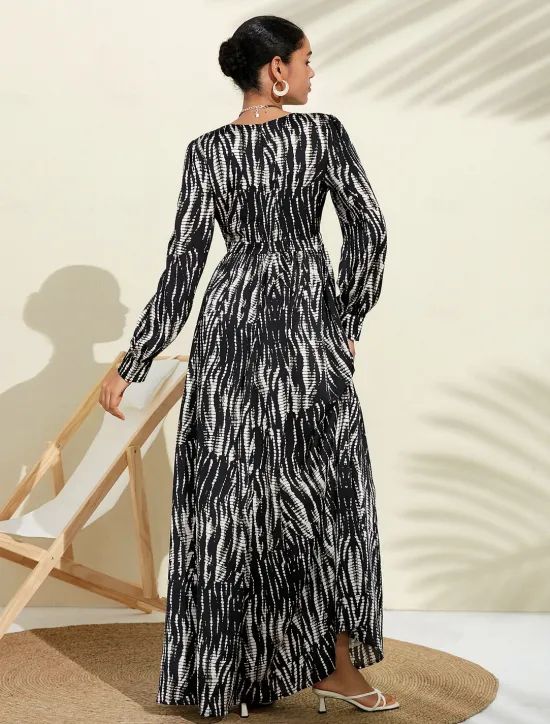 Clearance Neva & White Spotted Print Bubble Satin V Neck Long Sleeve Swing Maxi Dress Women Cocktail Dress