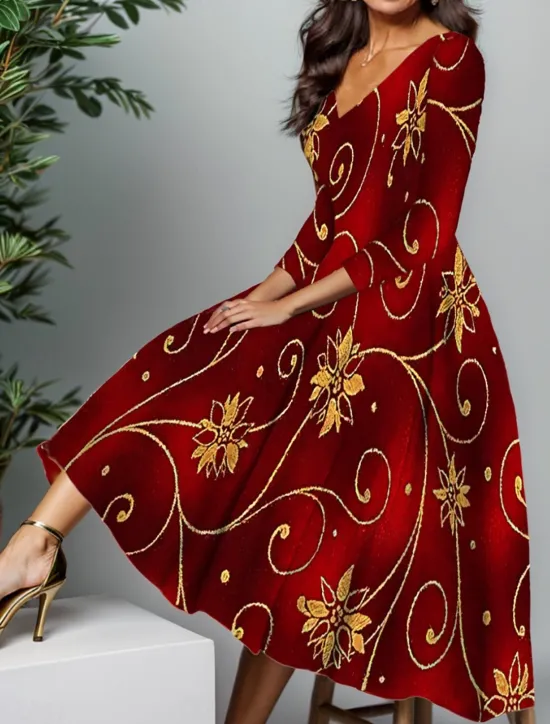 Hot New Year Women's Midi Dress A Line Dress Winter Dress Swing Dress Semi Formal Dress Fashion Streetwear Modern Formal Outdoor Party Regular Fit Floral Snowflake 3/4 Length Sleeve V Neck Black Wine Red Women Cocktail Dress