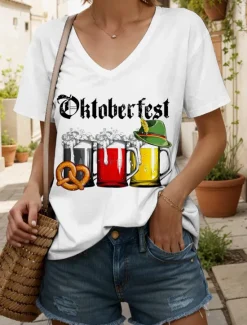 Outlet Oktoberfest Women's T Shirt Graphic Letter Vintage Stylish Classic Short Sleeve V Neck Regular Tops Daily Print Black White Yellow Red Blue Summer Spring Women T-Shirts