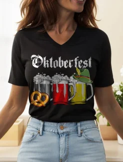 Outlet Oktoberfest Women's T Shirt Graphic Letter Vintage Stylish Classic Short Sleeve V Neck Regular Tops Daily Print Black White Yellow Red Blue Summer Spring Women T-Shirts