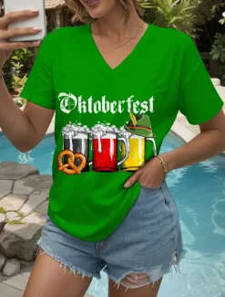 Outlet Oktoberfest Women's T Shirt Graphic Letter Vintage Stylish Classic Short Sleeve V Neck Regular Tops Daily Print Black White Yellow Red Blue Summer Spring Women T-Shirts