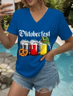 Outlet Oktoberfest Women's T Shirt Graphic Letter Vintage Stylish Classic Short Sleeve V Neck Regular Tops Daily Print Black White Yellow Red Blue Summer Spring Women T-Shirts