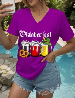 Outlet Oktoberfest Women's T Shirt Graphic Letter Vintage Stylish Classic Short Sleeve V Neck Regular Tops Daily Print Black White Yellow Red Blue Summer Spring Women T-Shirts