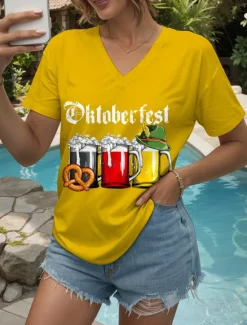 Outlet Oktoberfest Women's T Shirt Graphic Letter Vintage Stylish Classic Short Sleeve V Neck Regular Tops Daily Print Black White Yellow Red Blue Summer Spring Women T-Shirts