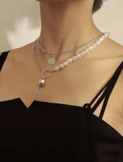 Online 1PC Pendant Necklace For Women's Pearl Wedding Party Evening Imitation Pearl Alloy Double Layered Women Trendy Jewelry