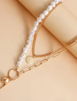 Online 1PC Pendant Necklace For Women's Pearl Wedding Party Evening Imitation Pearl Alloy Double Layered Women Trendy Jewelry