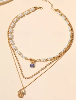 Clearance 1PC Statement Necklace Layered Necklace For Women's Multicolor Party Evening Daily Birthday Party Crystal Imitation Pearl Alloy Eyes Hand Women Trendy Jewelry