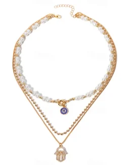 Clearance 1PC Statement Necklace Layered Necklace For Women's Multicolor Party Evening Daily Birthday Party Crystal Imitation Pearl Alloy Eyes Hand Women Trendy Jewelry
