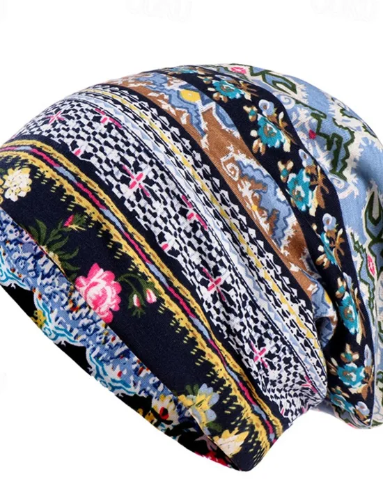 New 1pcs Bohemia Soft Flower Print Beanie Hat Thin Style Comfortable Cap Circumference 56-58CM Women Hats