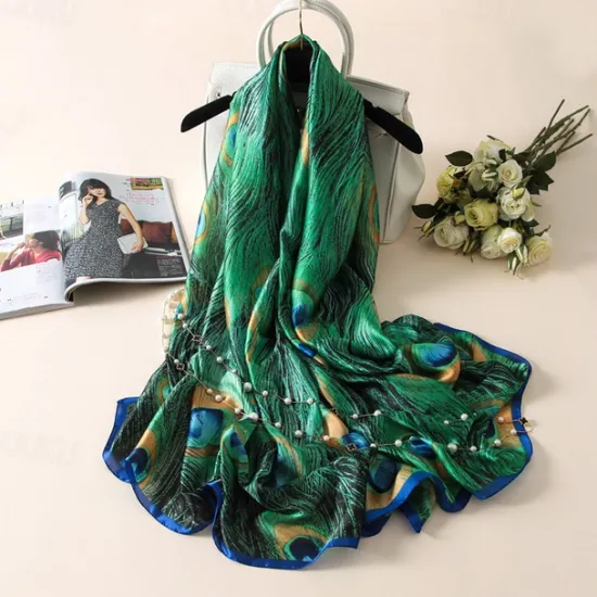 Outlet 1pcs New Soft Peacock Feather Printed Silk Shawls Women Foulard Fashion Sunscreen Female Scarf Stoles Hijab Headscarf Bag Scarves Women Scarves