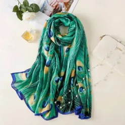 Outlet 1pcs New Soft Peacock Feather Printed Silk Shawls Women Foulard Fashion Sunscreen Female Scarf Stoles Hijab Headscarf Bag Scarves Women Scarves