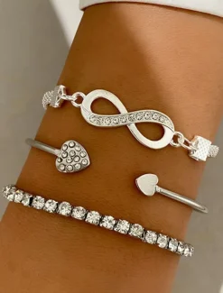 Sale 3pcs/set Cuff Bracelet Layered Sweet Heart Infinity Fashion Personalized Luxury Rhinestone Bracelet Jewelry Gold For Wedding Gift Daily Birthday Mother's Day Women Trendy Jewelry