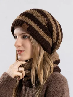 Best 2pcs/set Women Winter Beanie Knitted Scarf & Hat Set Windproof Winter Warmer Cap for Outdoor Cycling Skiing Women Hats