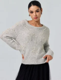 Hot Pearl Beaded Crew Neck Pullover Sweater Women Ugly Sweater