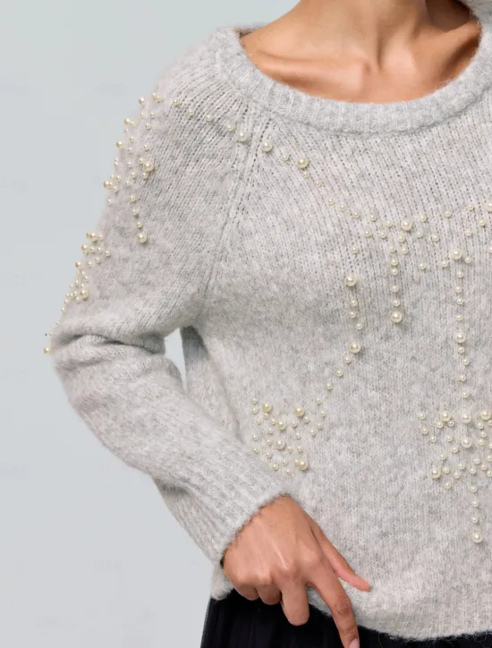 Hot Pearl Beaded Crew Neck Pullover Sweater Women Ugly Sweater
