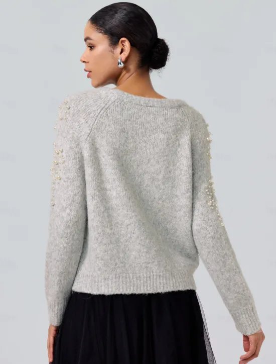Hot Pearl Beaded Crew Neck Pullover Sweater Women Ugly Sweater