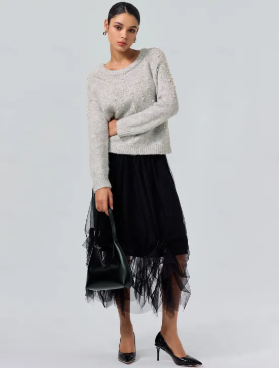 Hot Pearl Beaded Crew Neck Pullover Sweater Women Ugly Sweater