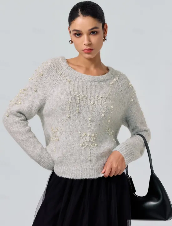 Hot Pearl Beaded Crew Neck Pullover Sweater Women Ugly Sweater
