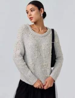 Hot Pearl Beaded Crew Neck Pullover Sweater Women Ugly Sweater