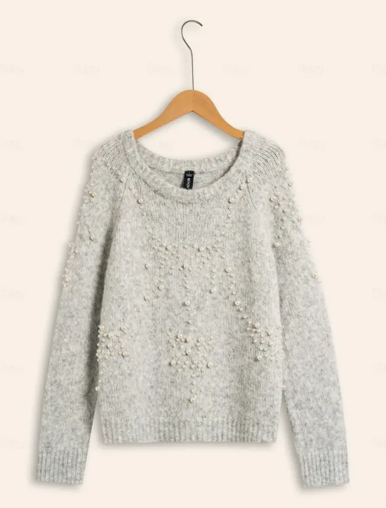 Hot Pearl Beaded Crew Neck Pullover Sweater Women Ugly Sweater