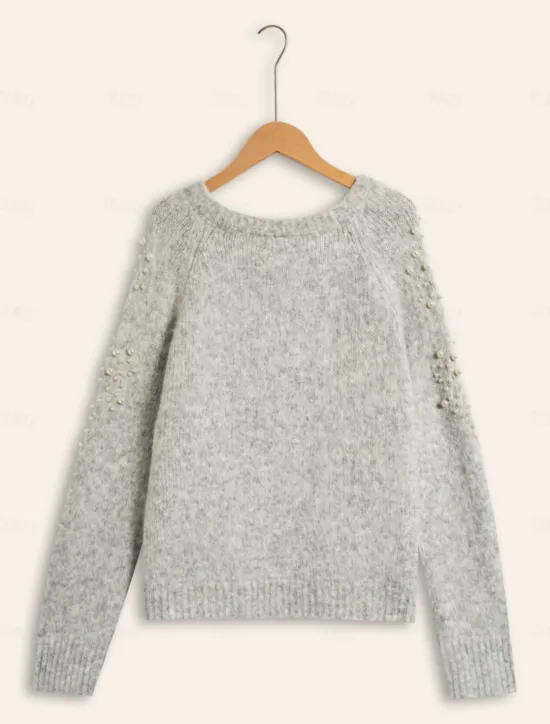 Hot Pearl Beaded Crew Neck Pullover Sweater Women Ugly Sweater