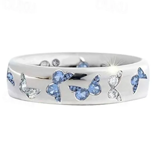 Discount rhinestone butterfly ring for women teen girls, elegant silver plated cubic zircon engagement ring, birthday anniverstay jewelry gift (blue, 6) Women Trendy Jewelry