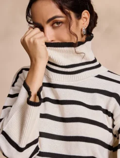 Online Ribbed Knit Bell Sleeve Turtle Neck Sweater Women Ugly Sweater