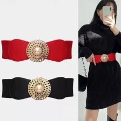 Outlet round buckle chain elastic elastic girdle female outer suit dress pearl disc black retro belt Women Belt