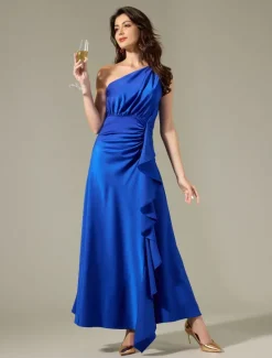 Satin Sleeveless One Shoulder Ruffle Maxi Dress Women Cocktail Dress