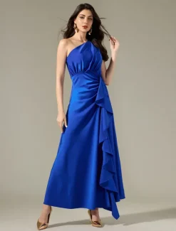 Satin Sleeveless One Shoulder Ruffle Maxi Dress Women Cocktail Dress