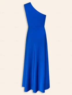 Satin Sleeveless One Shoulder Ruffle Maxi Dress Women Cocktail Dress