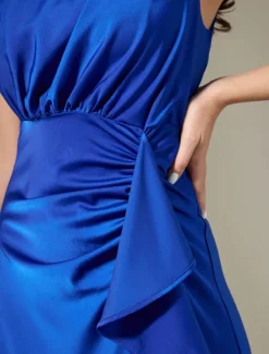 Satin Sleeveless One Shoulder Ruffle Maxi Dress Women Cocktail Dress