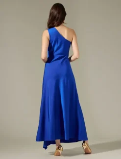 Satin Sleeveless One Shoulder Ruffle Maxi Dress Women Cocktail Dress