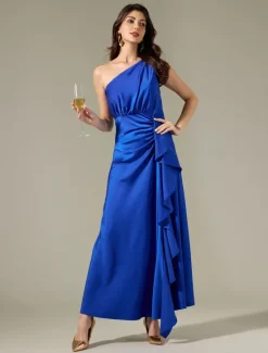 Satin Sleeveless One Shoulder Ruffle Maxi Dress Women Cocktail Dress