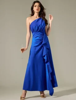 Satin Sleeveless One Shoulder Ruffle Maxi Dress Women Cocktail Dress