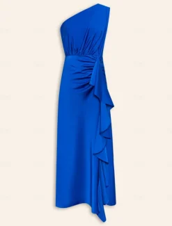 Satin Sleeveless One Shoulder Ruffle Maxi Dress Women Cocktail Dress