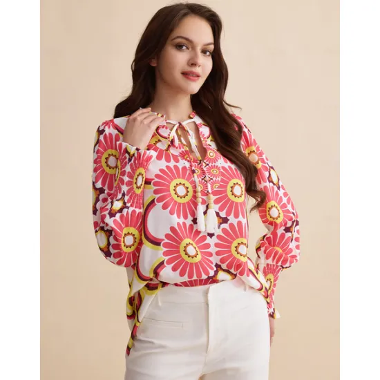 Best Satin Floral Print V Neck Shirt Women Blouses & Shirts