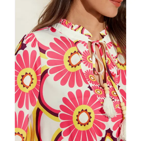 Best Satin Floral Print V Neck Shirt Women Blouses & Shirts