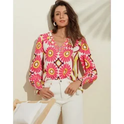 Best Satin Floral Print V Neck Shirt Women Blouses & Shirts