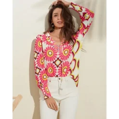 Best Satin Floral Print V Neck Shirt Women Blouses & Shirts