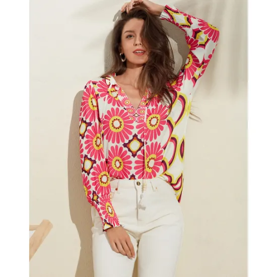 Best Satin Floral Print V Neck Shirt Women Blouses & Shirts