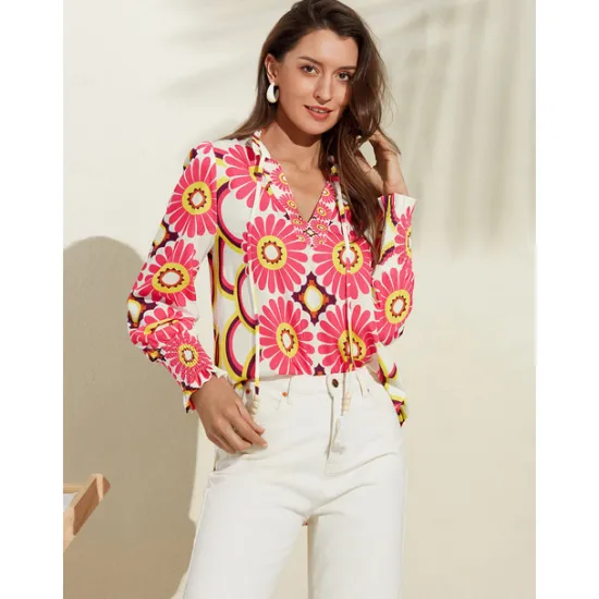 Best Satin Floral Print V Neck Shirt Women Blouses & Shirts