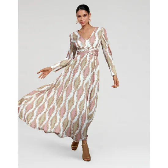 Satin Floral V Neck Maxi Dress White Long Sleeve Wedding Guest Dress Ascot Dress Women Casual Dress|Vacation Dresses
