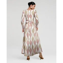 Satin Floral V Neck Maxi Dress White Long Sleeve Wedding Guest Dress Ascot Dress Women Casual Dress|Vacation Dresses