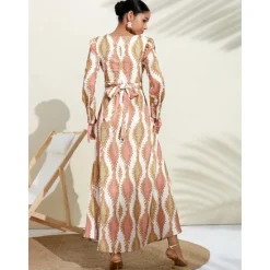 Satin Floral V Neck Maxi Dress White Long Sleeve Wedding Guest Dress Ascot Dress Women Casual Dress|Vacation Dresses
