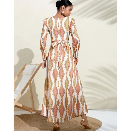 Satin Floral V Neck Maxi Dress White Long Sleeve Wedding Guest Dress Ascot Dress Women Casual Dress|Vacation Dresses