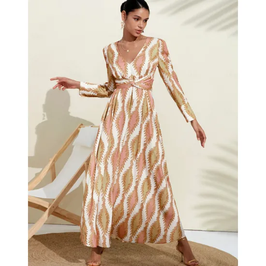 Satin Floral V Neck Maxi Dress White Long Sleeve Wedding Guest Dress Ascot Dress Women Casual Dress|Vacation Dresses
